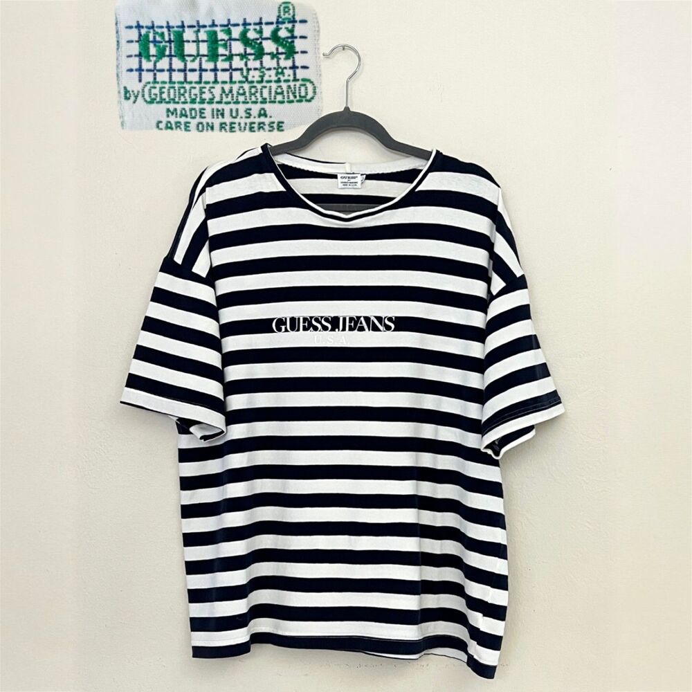 VTG 80s GUESS by Georges Marciano 100% Cotton Oversized Striped T-shirt Size L